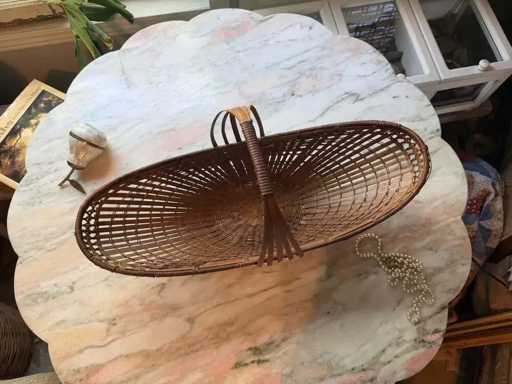 Vintage Mid-Century Modern Oblong Bamboo Rattan Boat Shaped Bread Basket with Sc